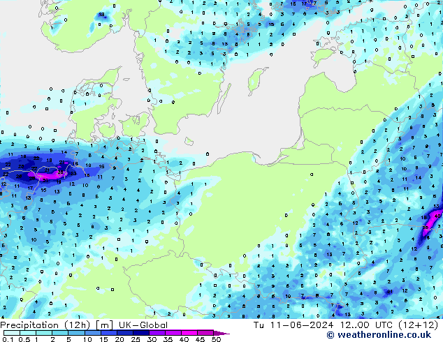 Totale neerslag (12h) UK-Global di 11.06.2024 00 UTC