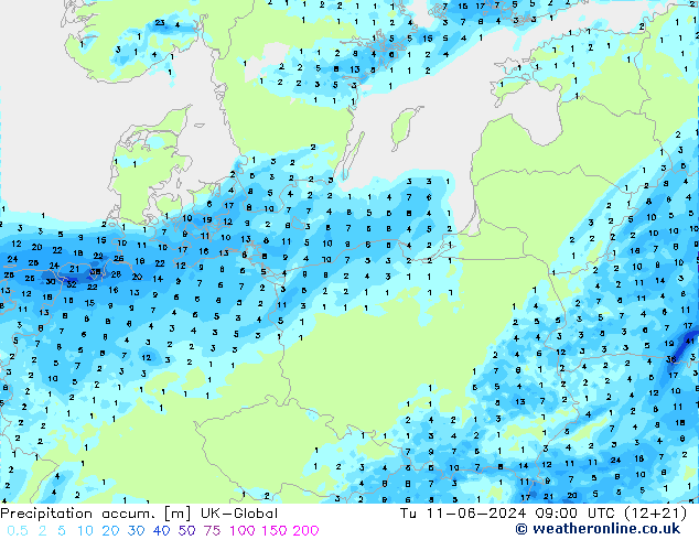 Precipitation accum. UK-Global Út 11.06.2024 09 UTC