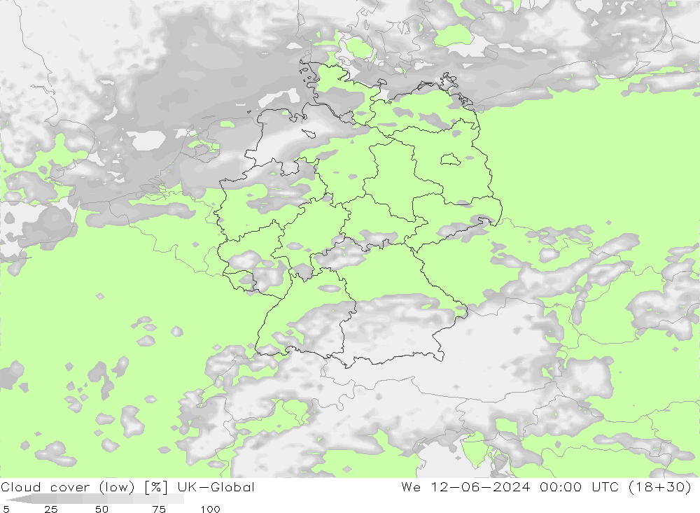 Cloud cover (low) UK-Global We 12.06.2024 00 UTC