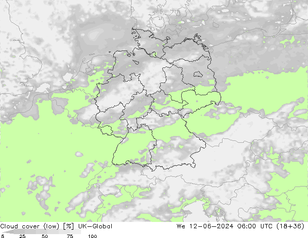 Cloud cover (low) UK-Global We 12.06.2024 06 UTC