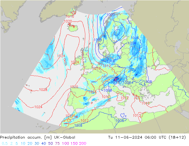 Precipitation accum. UK-Global Út 11.06.2024 06 UTC