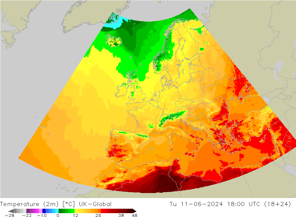 Temperature (2m) UK-Global Tu 11.06.2024 18 UTC