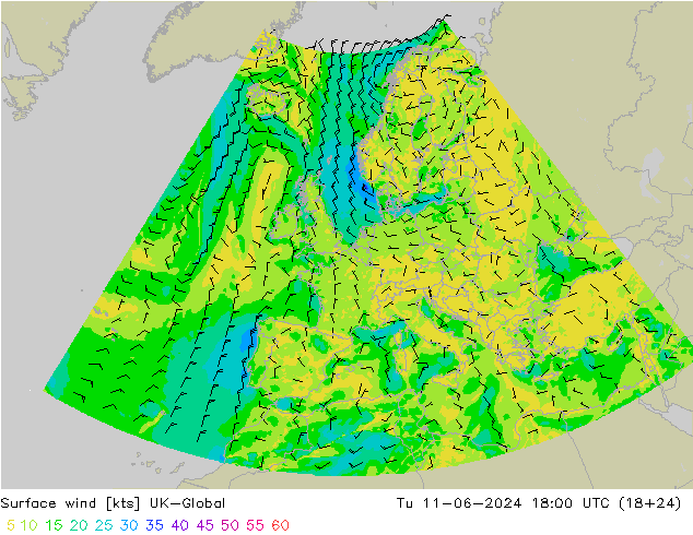 Surface wind UK-Global Tu 11.06.2024 18 UTC