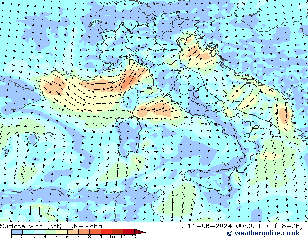 Surface wind (bft) UK-Global Út 11.06.2024 00 UTC