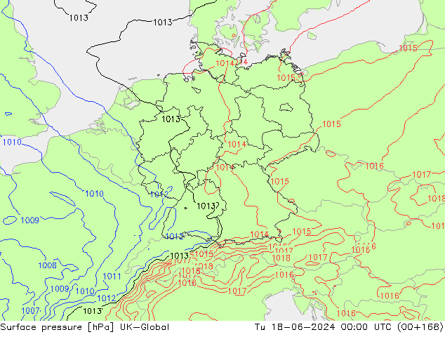 Surface pressure UK-Global Tu 18.06.2024 00 UTC