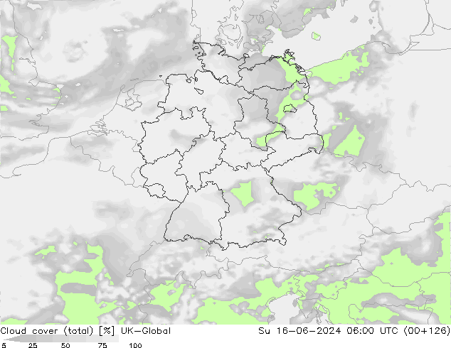 Cloud cover (total) UK-Global Su 16.06.2024 06 UTC