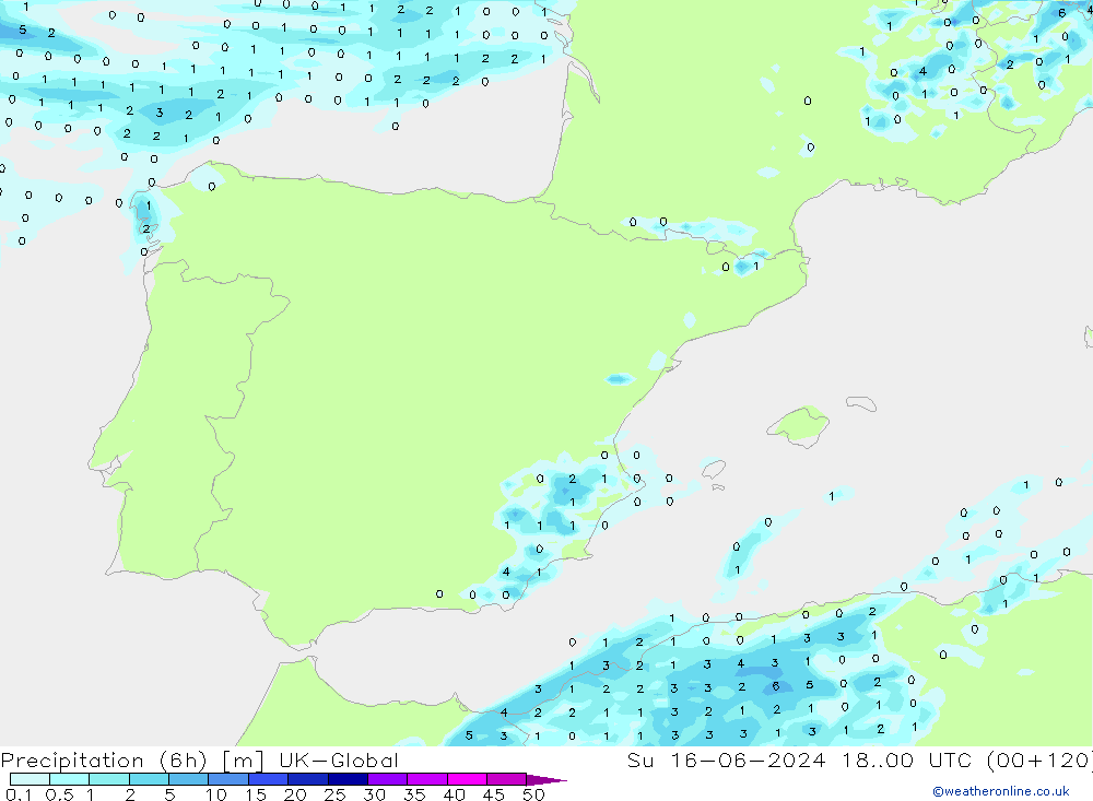 Totale neerslag (6h) UK-Global zo 16.06.2024 00 UTC