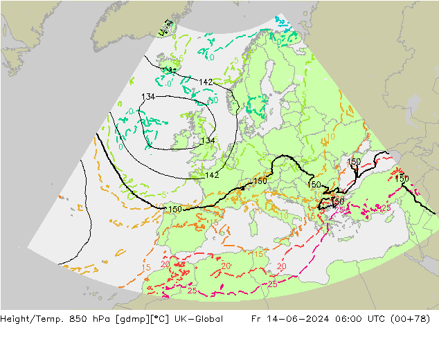 Height/Temp. 850 hPa UK-Global pt. 14.06.2024 06 UTC