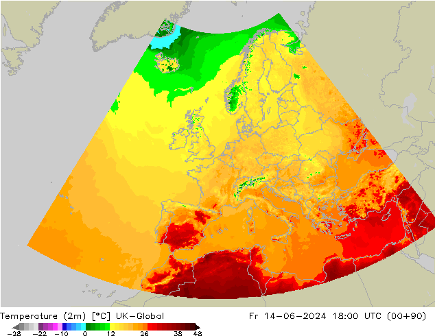 Temperature (2m) UK-Global Fr 14.06.2024 18 UTC