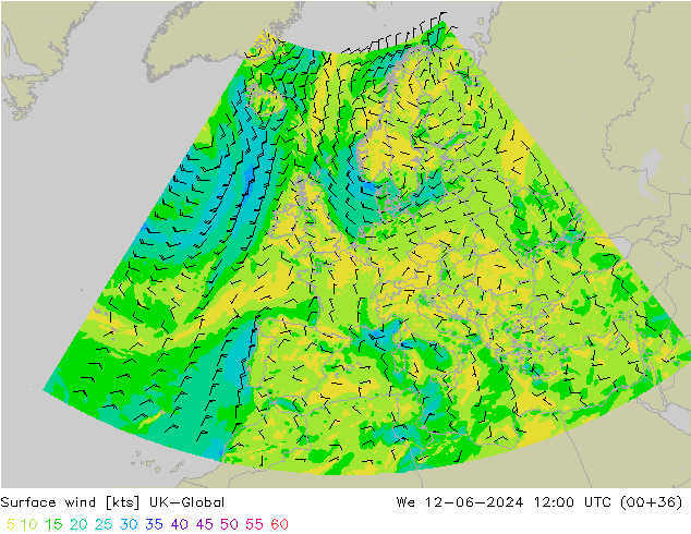 Vento 10 m UK-Global mer 12.06.2024 12 UTC