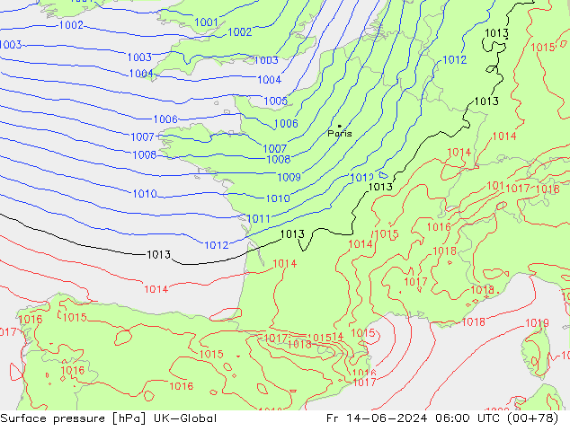 Luchtdruk (Grond) UK-Global vr 14.06.2024 06 UTC