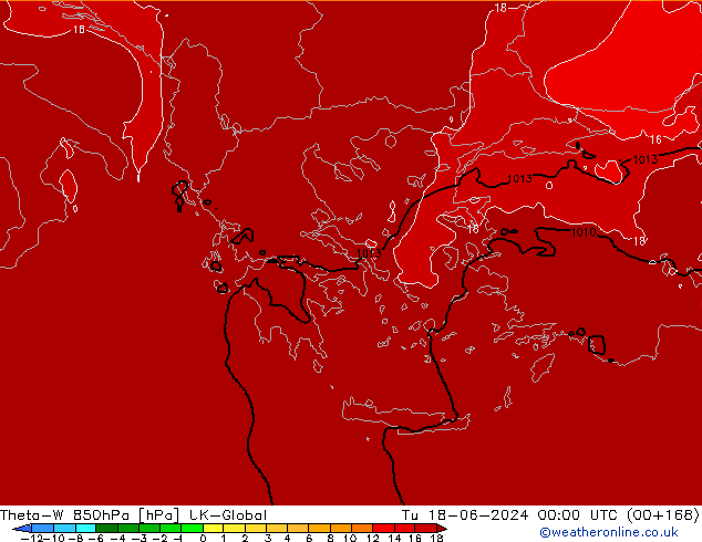 Theta-W 850hPa UK-Global Tu 18.06.2024 00 UTC