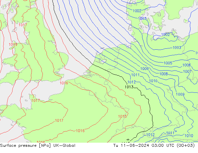 Surface pressure UK-Global Tu 11.06.2024 03 UTC