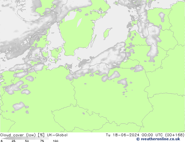 Cloud cover (low) UK-Global Tu 18.06.2024 00 UTC