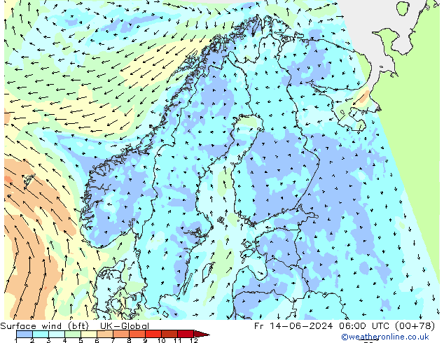 Vent 10 m (bft) UK-Global ven 14.06.2024 06 UTC