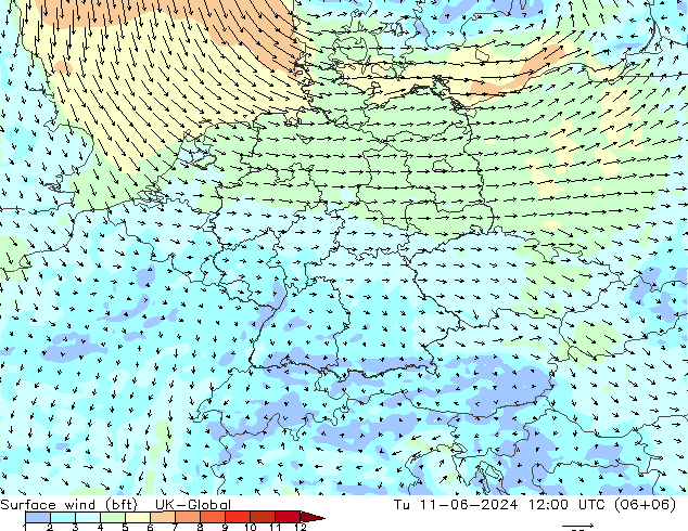 Surface wind (bft) UK-Global Tu 11.06.2024 12 UTC
