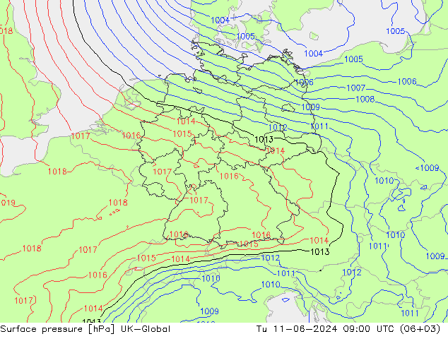 Atmosférický tlak UK-Global Út 11.06.2024 09 UTC