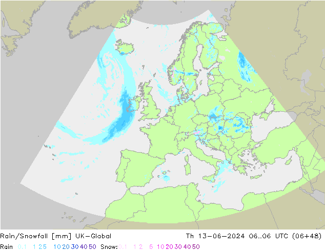 Rain/Snowfall UK-Global Qui 13.06.2024 06 UTC