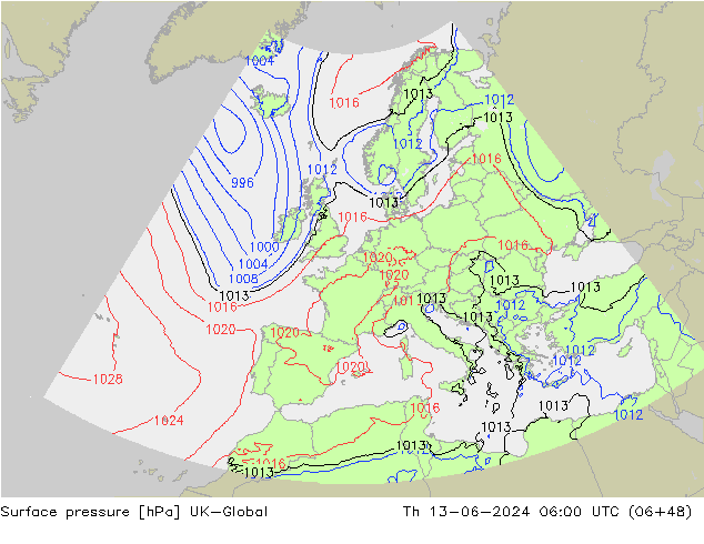Surface pressure UK-Global Th 13.06.2024 06 UTC