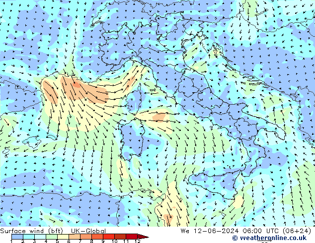 Vento 10 m (bft) UK-Global mer 12.06.2024 06 UTC