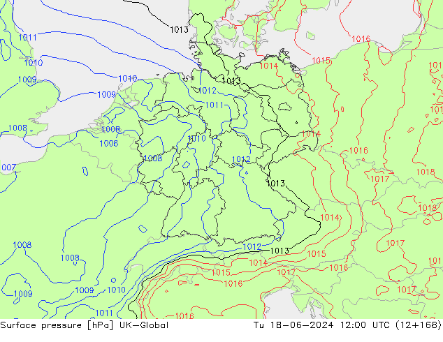 Surface pressure UK-Global Tu 18.06.2024 12 UTC