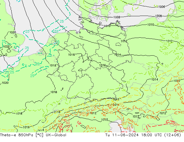 Theta-e 850hPa UK-Global Tu 11.06.2024 18 UTC