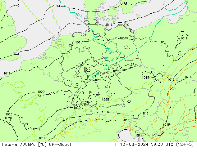 Theta-e 700hPa UK-Global Do 13.06.2024 09 UTC