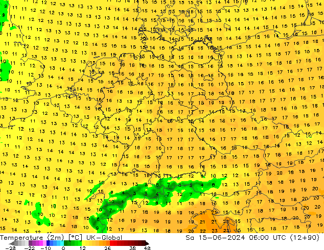 température (2m) UK-Global sam 15.06.2024 06 UTC