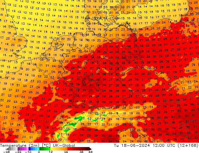 température (2m) UK-Global mar 18.06.2024 12 UTC