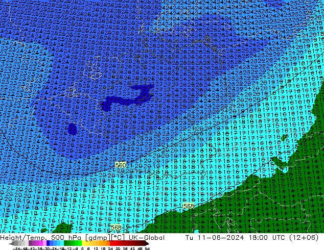 Yükseklik/Sıc. 500 hPa UK-Global Sa 11.06.2024 18 UTC