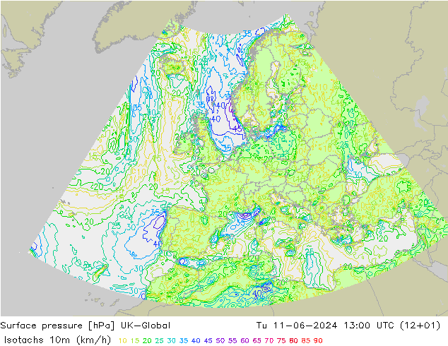 10米等风速线 (kph) UK-Global 星期二 11.06.2024 13 UTC