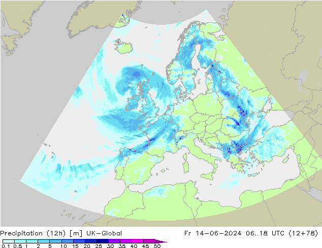 Precipitation (12h) UK-Global Fr 14.06.2024 18 UTC
