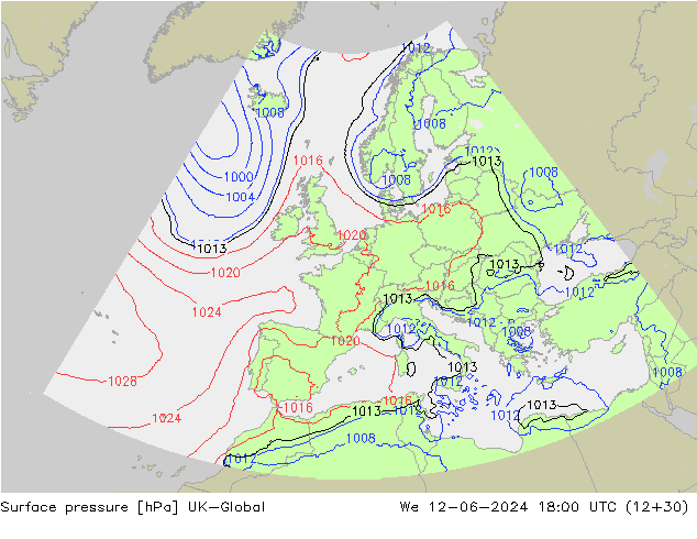 Presión superficial UK-Global mié 12.06.2024 18 UTC
