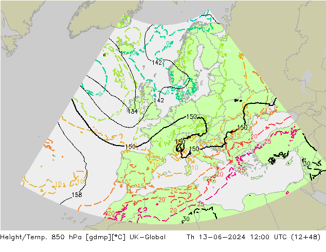 Height/Temp. 850 hPa UK-Global czw. 13.06.2024 12 UTC