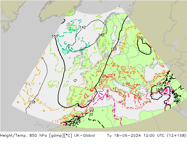 Hoogte/Temp. 850 hPa UK-Global di 18.06.2024 12 UTC