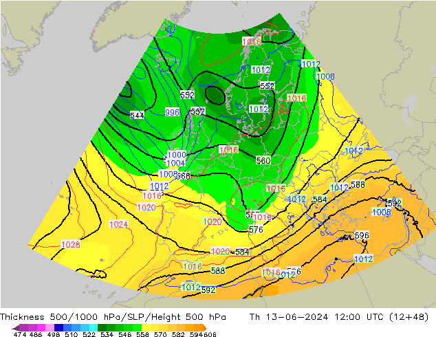 Thck 500-1000hPa UK-Global Th 13.06.2024 12 UTC