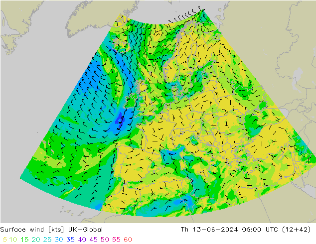 Surface wind UK-Global Čt 13.06.2024 06 UTC