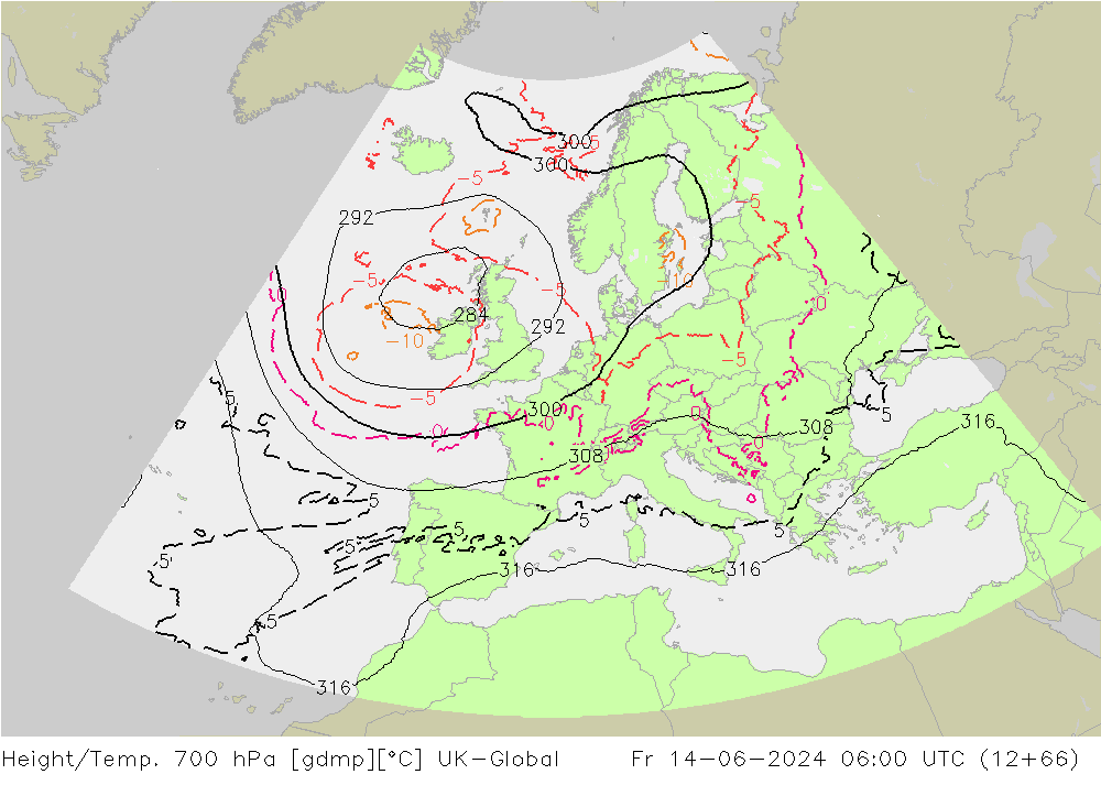 Height/Temp. 700 hPa UK-Global Fr 14.06.2024 06 UTC