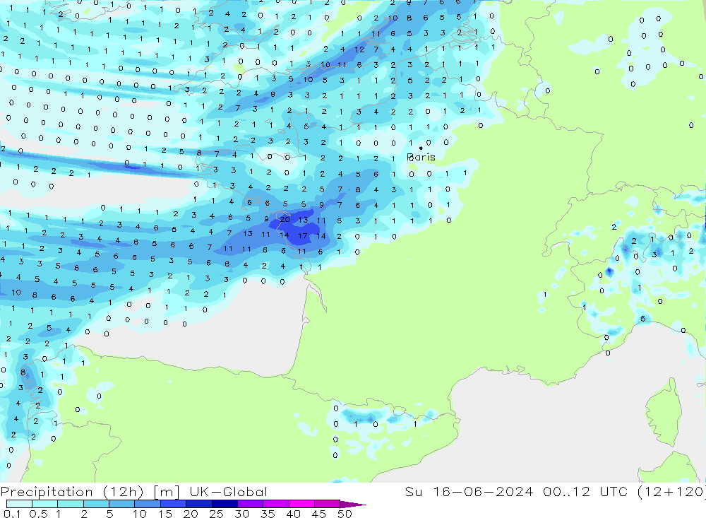 Precipitação (12h) UK-Global Dom 16.06.2024 12 UTC