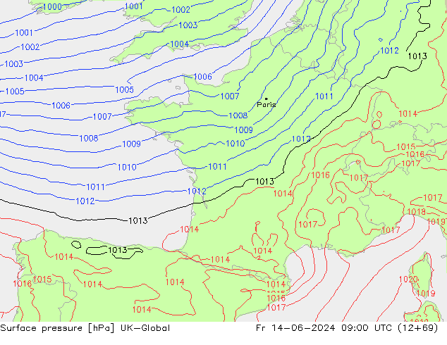 Atmosférický tlak UK-Global Pá 14.06.2024 09 UTC