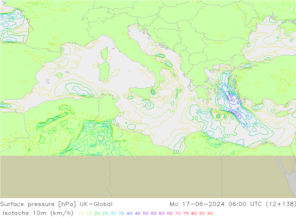 Isotachs (kph) UK-Global Mo 17.06.2024 06 UTC