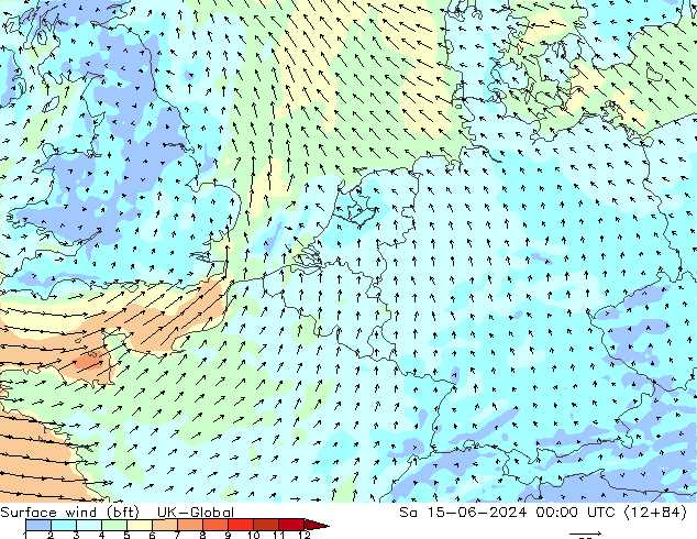 Viento 10 m (bft) UK-Global sáb 15.06.2024 00 UTC