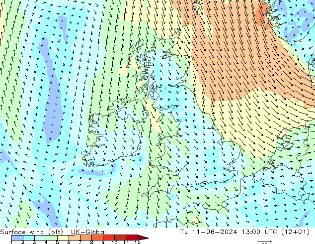 Vent 10 m (bft) UK-Global mar 11.06.2024 13 UTC