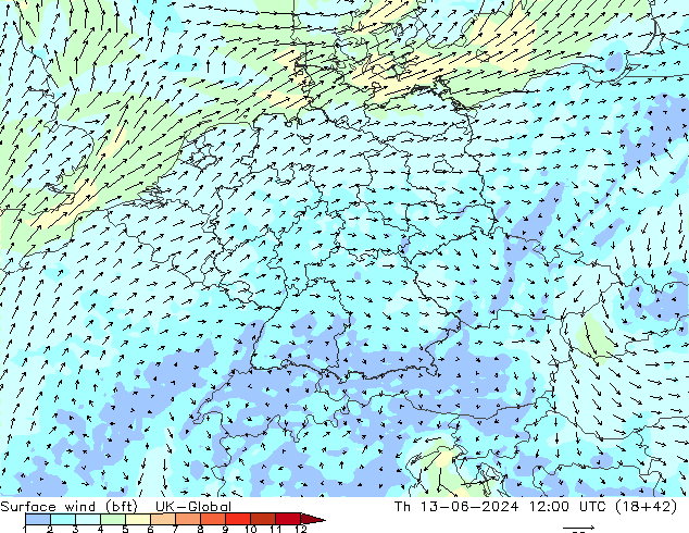 Surface wind (bft) UK-Global Th 13.06.2024 12 UTC