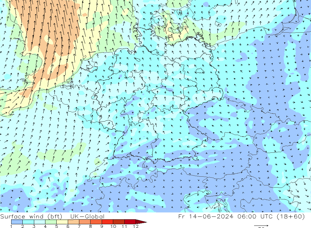 Surface wind (bft) UK-Global Fr 14.06.2024 06 UTC