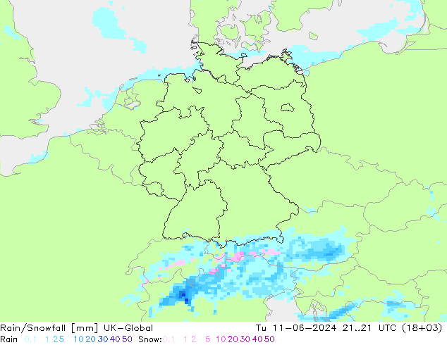 Rain/Snowfall UK-Global Út 11.06.2024 21 UTC