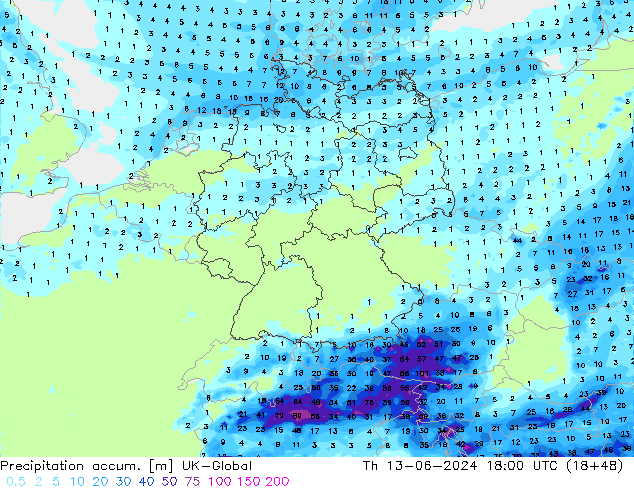 Totale neerslag UK-Global do 13.06.2024 18 UTC