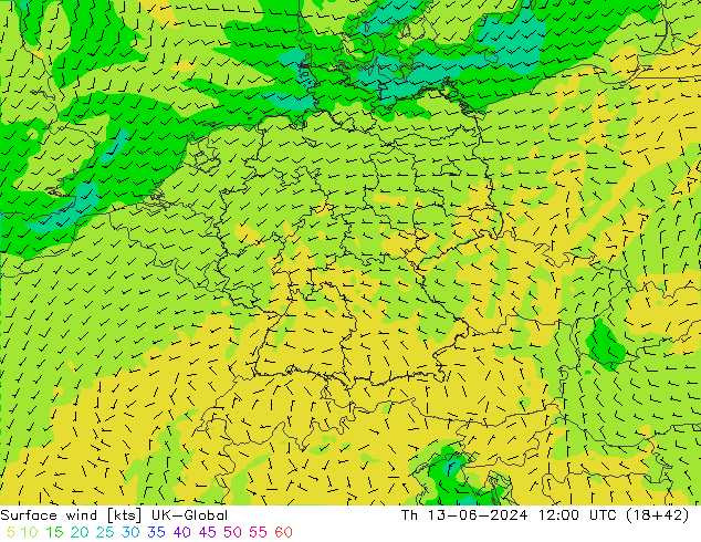 Wind 10 m UK-Global do 13.06.2024 12 UTC