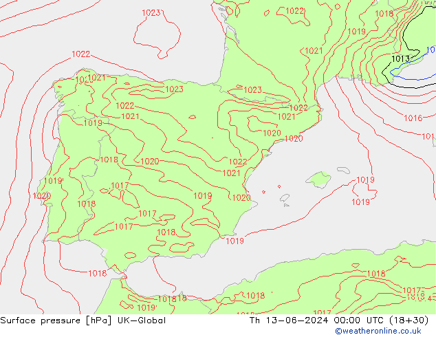 Presión superficial UK-Global jue 13.06.2024 00 UTC