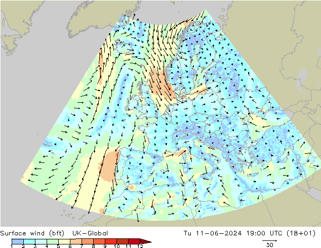 Vento 10 m (bft) UK-Global mar 11.06.2024 19 UTC